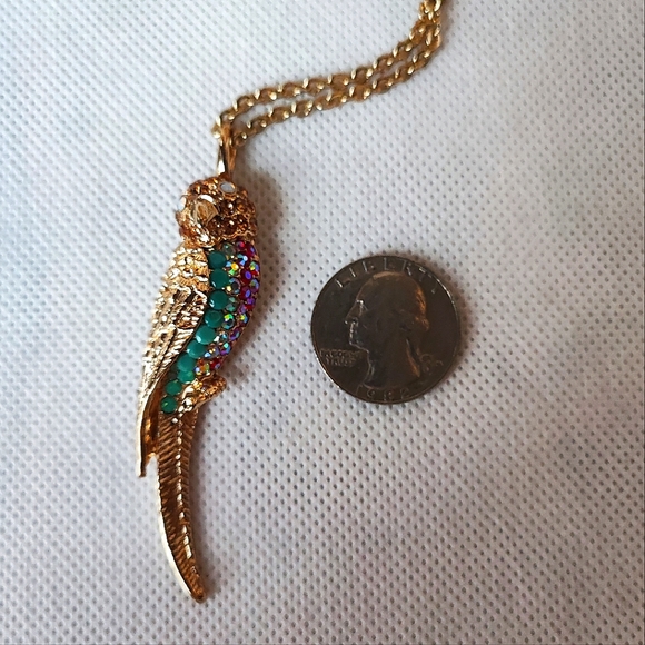 Turquoise Red AB Rhinestone Encrusted Parrot Bird Cabochon Gold Tone Necklace - Picture 5 of 10